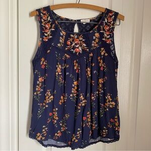 Embroidered Floral Navy Lace Crinkled Crotchet Sleeveless Blouse M Boho Chic